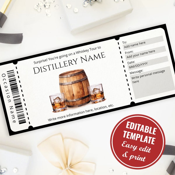 Bearbeitbare Geschenkgutscheinvorlage für Whisky-Tour, druckbare Whisky-Verkostung, Distillery Tour Ticket, digitaler Download