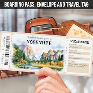Modèle de billet cadeau modifiable pour le parc national de Yosemite, voyage surprise à Yosemite en Californie, billet d'avion imprimable téléchargement immédiat