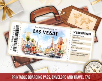 May include: A rectangular boarding pass featuring a watercolor illustration of the Las Vegas strip. Text includes Surprise! You're going to LAS VEGAS, HAPPY BIRTHDAY, BOARDING PASS, Passenger name: Jane Smith, Departure: 15th September, Return: 25th September, and Message.