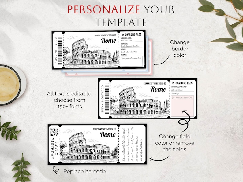 Rome Editable Ticket Template, Rome Surprise Trip Reveal Gift ...