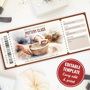 Plantilla editable de certificado de regalo para clase de cerámica con acuarela, plantilla de certificado de regalo sorpresa para curso de cerámica, descarga instantánea