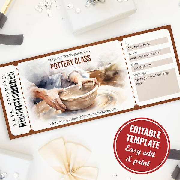 Editable Watercolor Pottery Class Gift Certificate Template, Pottery Course Surprise Gift Voucher Reveal Template, Instant Download