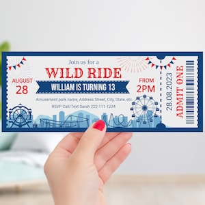 Vergnügungsparkticket-Einladungsvorlage, bearbeitbare Karnevalsthema-Geburtstagsfeier einladen, Geburtstags-Themaparkticket-Sofortdownload, P001