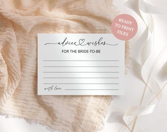 May include: A rectangular white card featuring black text that reads advice wishes FOR THE BRIDE-TO-BE with six horizontal lines for writing and the phrase with love at the bottom left. A pink circular badge states READY TO PRINT FILES.
