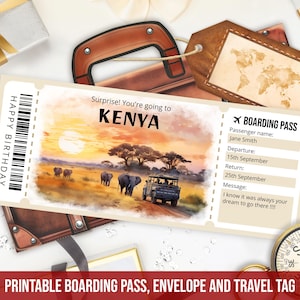 Modèle modifiable de carte d'embarquement pour le Kenya, voyage surprise au Kenya Safari, faux billet d'avion imprimable, cadeau de billet d'avion téléchargement immédiat