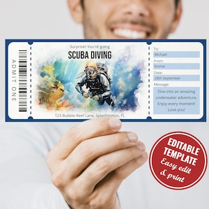 Plantilla de certificado de regalo de buceo con acuarela editable: perfecta para los amantes del buceo, vale de buceo, descarga instantánea