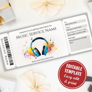 Bearbeitbare Musikabonnement-Geschenkgutscheinvorlage für Musikliebhaber, Surprise Music Services druckbare Geschenkkarte, sofortiger Download