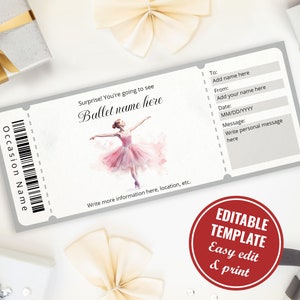 Bearbeitbare digitale Ballettkarte Geschenkvorlage für Ballettliebhaber, Überraschungsballett Geschenkgutschein druckbar, zu Hause drucken