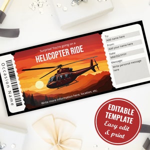 Modèle de billet de tour en hélicoptère surprise, chèque-cadeau personnalisable pour le tour en hélicoptère, cadeau de vol en hélicoptère, téléchargement immédiat