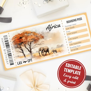 Modello di carta d'imbarco modificabile per viaggio in Africa, buono regalo a sorpresa per biglietto safari, download immediato