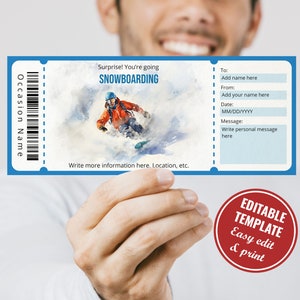 Snowboarding Ticket Voucher Template for Winter Sports Lover, Editable Watercolor Surprise Snowboarding Trip Reveal, Instant Download
