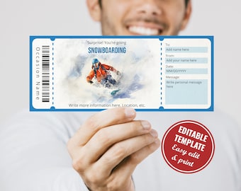 May include: A blue and white ticket with the text "Surprise! You're going SNOWBOARDING" and a photo of a person snowboarding. The ticket has fields for "To:", "From:", "Date:", and "Message:".