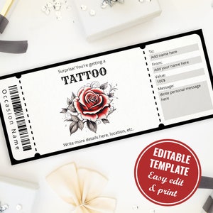Plantilla de boleto de tatuaje sorpresa, cupón de tatuaje personalizable e imprimible, plantilla de tarjeta de regalo de tatuaje, descarga instantánea