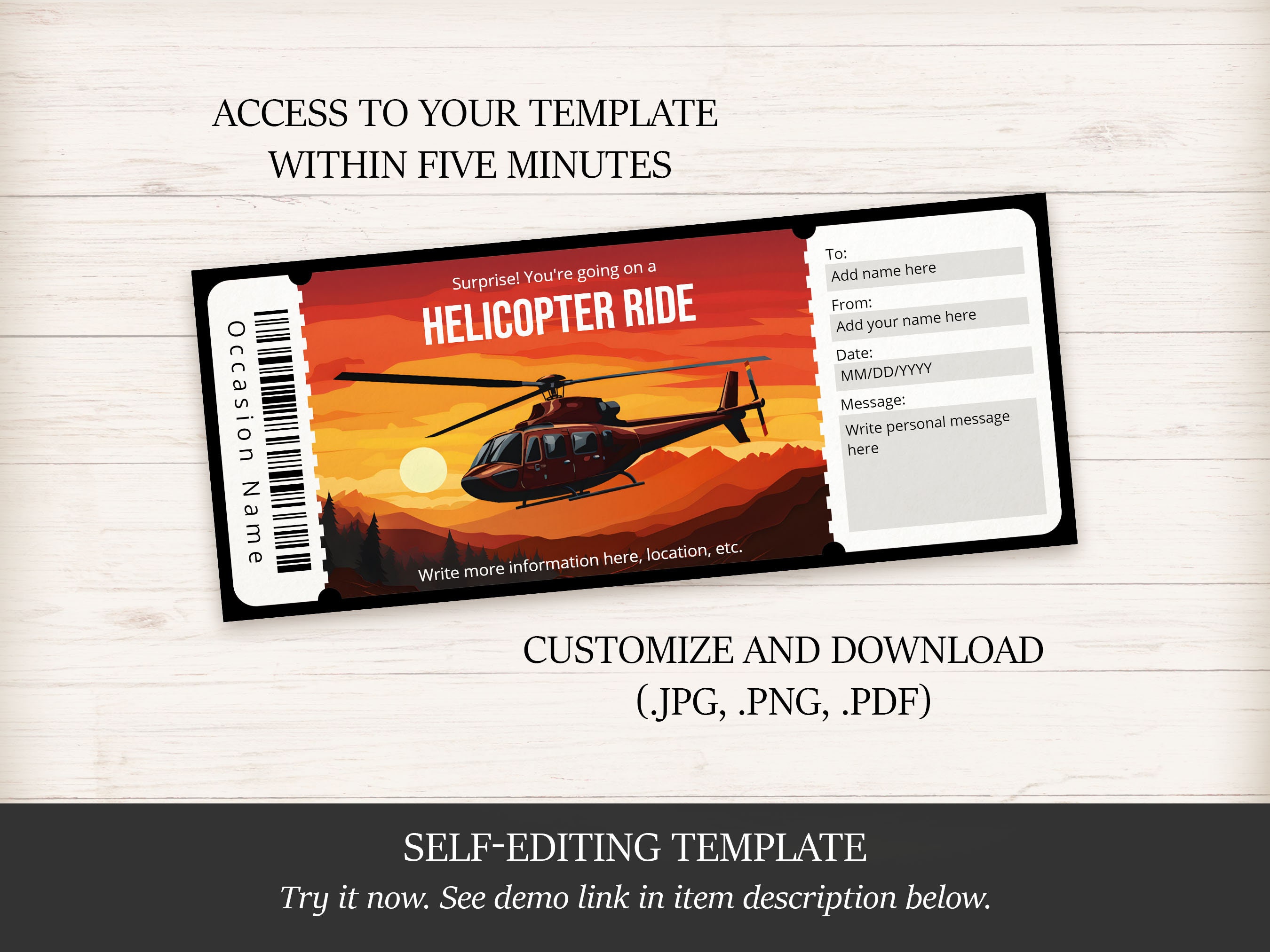 Helicopter Ride Flyer Surprise Helicopter Ride Ticket Template, Customizable Helicopter Tour ...