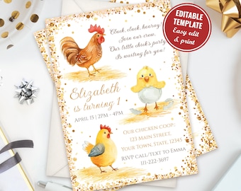 Editable Chicken Birthday Invitation Template, Cute Chicken Party Invite, Little Chick Birthday Party evite, Farm Birthday, Instant Download