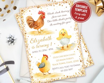 Bearbeitbare Huhn-Geburtstags-Einladungsvorlage, süßes Huhn-Party einladen, kleine Küken-Geburtstagsfeier einladen, Bauernhof-Geburtstag, sofortiger Download