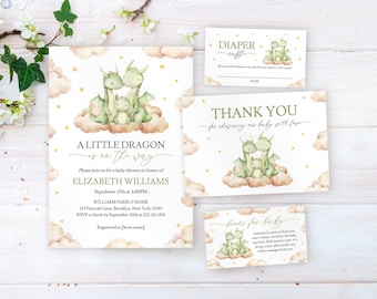 Little Dragon Baby Shower Invitation Bundle, Editable Cute Green Baby Dragon Invite Templates, Printable Fantasy Fairy Tale Baby Invite Set