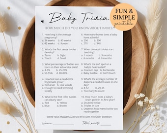 Modern baby trivia-spel, eenvoudig afdrukbaar babyshower trivia-spel met antwoorden, leuke babyshower activiteit quiz digitale download M02