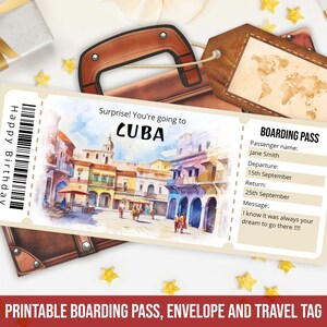 May include: Printable boarding pass with a watercolor illustration of a street scene in Cuba. The text reads "Surprise! You're going to CUBA" and "Happy Birthday".