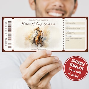 Puede incluir: Un boleto marrón y blanco con el texto "¡Sorpresa! Vas a recibir clases de equitación" y una ilustración de acuarela de una persona montando a caballo. El boleto tiene campos para "Para:", "De:", "Fecha:" y "Mensaje:".