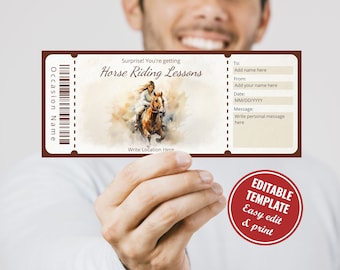 May include: A brown and white ticket with the text "Surprise! You're getting Horse Riding Lessons" and a watercolor illustration of a person riding a horse. The ticket has fields for "To:", "From:", "Date:", and "Message:".