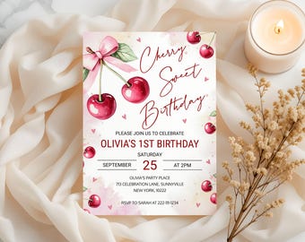Modello modificabile per invito di compleanno a tema ciliegia, invito per festa di compleanno a tema ciliegia per bambina, 1° compleanno, download immediato