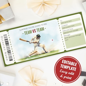 Plantilla de boleto para partido de cricket sorpresa, certificado de regalo para juego de cricket personalizable e imprimible para fanáticos del cricket, descarga instantánea