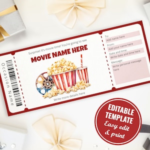 Plantilla de boletos de cine sorpresa, plantilla de boletos de cine personalizable e imprimible, plantilla de boletos de cine, descarga instantánea