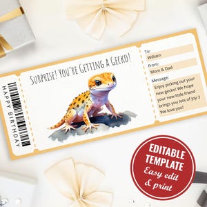 Plantilla de certificado de regalo de gecko editable para amantes de los lagartos, plantilla de cupón de gecko sorpresa imprimible personalizada, descarga instantánea