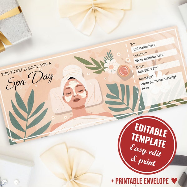 Editable Spa Gift Certificate Template for your Mom, Customizable and Printable Spa Gift Card with Envelope, Instant Download