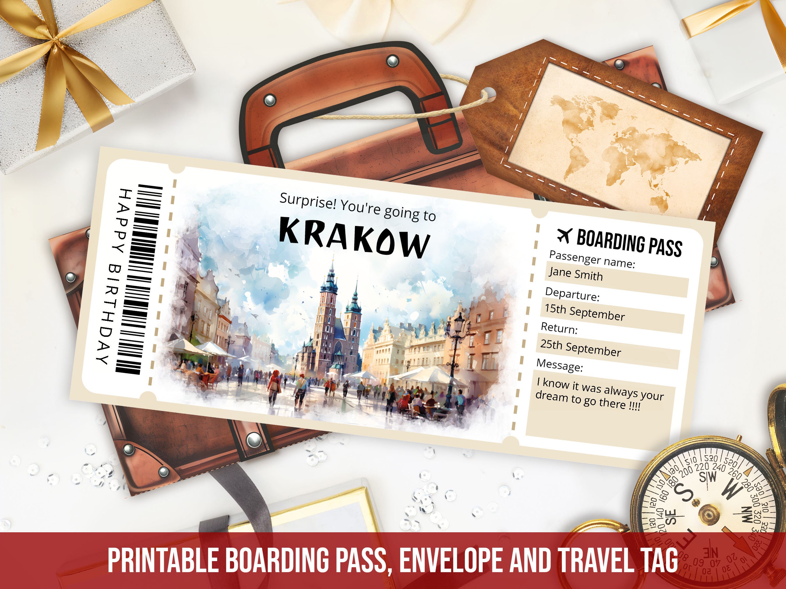 Editable Krakow Boarding Pass Template, Personalized Gift Printable Krakow Flight Ticket Trip with envelope, Poland ticket, Digital Download