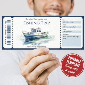 Plantilla de certificado de regalo de viaje de pesca editable, plantilla de boleto de viaje de pesca sorpresa con acuarela para revelar el regalo para imprimir en casa