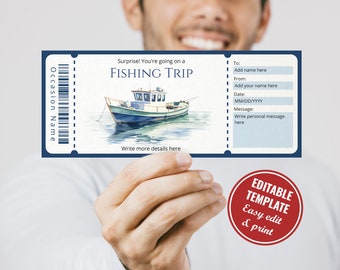 Editable Fishing Trip Gift Certificate Template, Watercolor Surprise Fishing Trip Ticket Gift Reveal Template to print at home