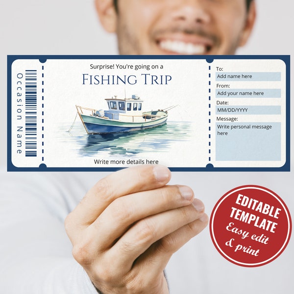 Editable Fishing Trip Gift Certificate Template, Watercolor Surprise Fishing Trip Ticket Gift Reveal Template to print at home
