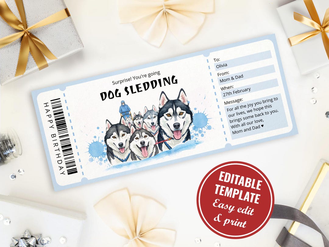 Editable Dog Sledding Gift Certificate Template, Printable Surprise ...