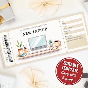 Könnte beinhalten: Ein beigefarbener Geschenkgutschein mit dem Text "NEW LAPTOP" und einer Laptop-Illustration. Der Gutschein enthält Felder für den Namen des Empfängers, den Absender, den Betrag und eine Nachricht. Die Worte "HAPPY BIRTHAY" sind auf der linken Seite aufgedruckt.