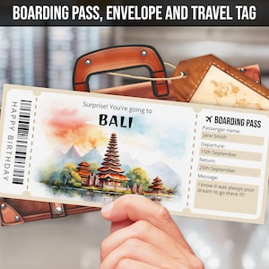 Modèle de billet cadeau voyage surprise à BALI - carte d'embarquement pour l'Indonésie - aquarelle imprimable et modifiable billet d'avion, téléchargement immédiat