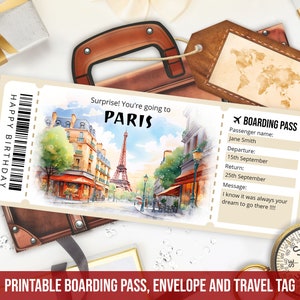 Modelo de cartão de embarque editável para Paris, modelo de bilhete de viagem surpresa para Paris para imprimir com envelope, download instantâneo