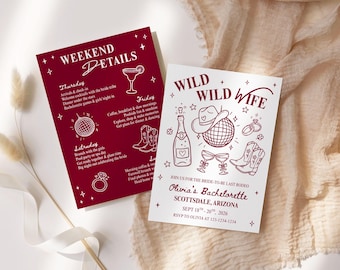 May include: Two rectangular bachelorette party invitation cards with dark red and white color schemes. The cards feature line art illustrations of a cowboy hat, disco ball, champagne bottle, glasses, boots, and rings, with text including Wild Wild Wife.