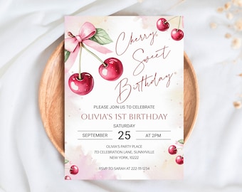 Editable Cherry Sweet Birthday Invitation Template, Girl Cherry Birthday Party invite, Cherry theme party evite, Instant Download