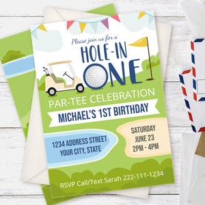 Hole in One First Birthday Invitation Template, Editable Hole In One Birthday Party Invitation for boy, Golf party, Instant Download, A001