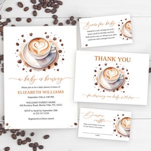 Plantilla de invitación para baby shower con café, paquete de invitaciones editables para baby shower con tema de &quot;Bebé en ciernes&quot;, set de invitaciones imprimibles con granos de café