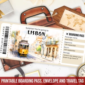 Modèle modifiable de carte d'embarquement de Lisbonne, cadeau personnalisé Modèle de billet de voyage imprimable Lisbonne Portugal avec enveloppe, téléchargement immédiat