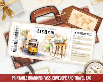Editable Lisbon boarding pass template, Personalized Gift Printable Lisbon Portugal trip ticket template with envelope, Instant Download