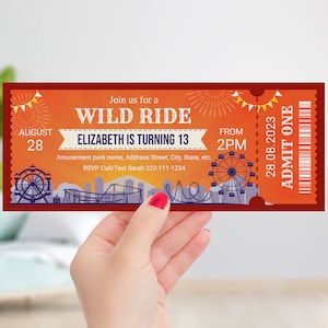 Freizeitpark-Einladungsticket-Vorlage, bearbeitbares Karnevalsthema-Geburtstagsfeiereinladung, Geburtstags-Themenparkticket-sofort Download, P003