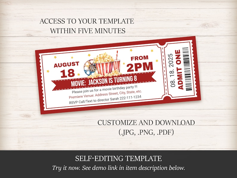 Editable Movie Ticket Birthday Invitation Template, Digital Movie ...