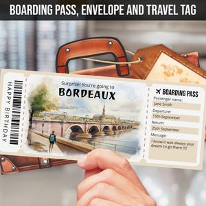 Modello di carta d'imbarco modificabile per Bordeaux, biglietto di viaggio a sorpresa per Bordeaux, Francia, biglietto aereo falso, download immediato