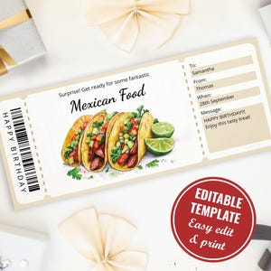 Può includere: Un modello di buono regalo stampabile con un'illustrazione ad acquerello di tacos e lime. Il testo recita "Sorpresa! Preparati a gustare un fantastico cibo messicano." e "BUON COMPLEANNO!! Goditi questa deliziosa leccornia!"