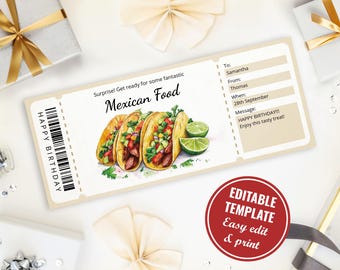 Plantilla editable de certificado de regalo de comida mexicana para amantes de la buena comida, cupón imprimible para cena mexicana, cupón para tacos, descarga instantánea.