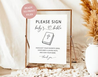 Printable Bible Guest Book Sign, Minimalist Please Sign Baby's Bible Baby Shower Sign, Digital Download M01